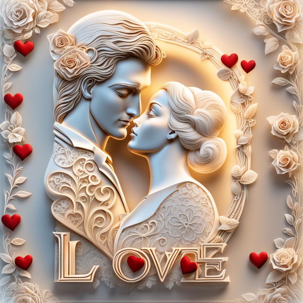 Man Giving Woman Roses with Hearts and Love