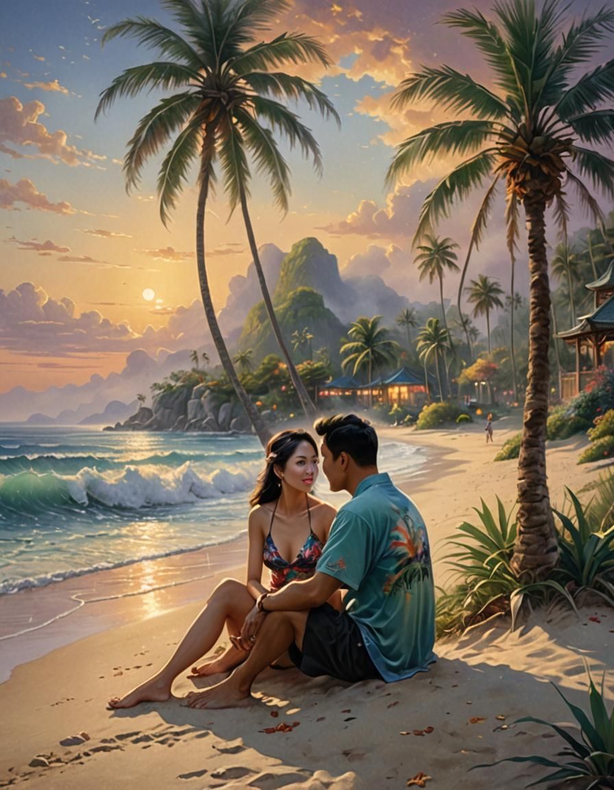 A couple on the beach at sunrise.