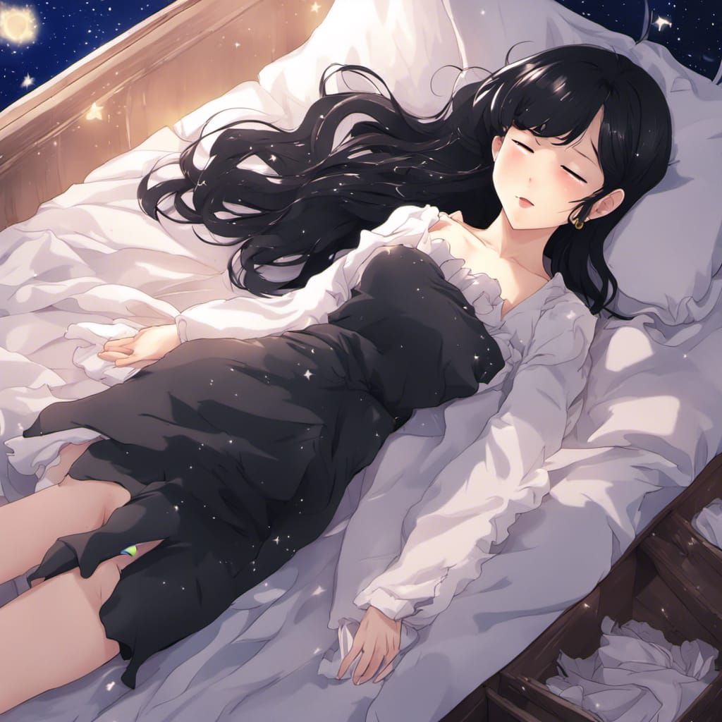Sleeping Girl in Starry Dress, Anime Style