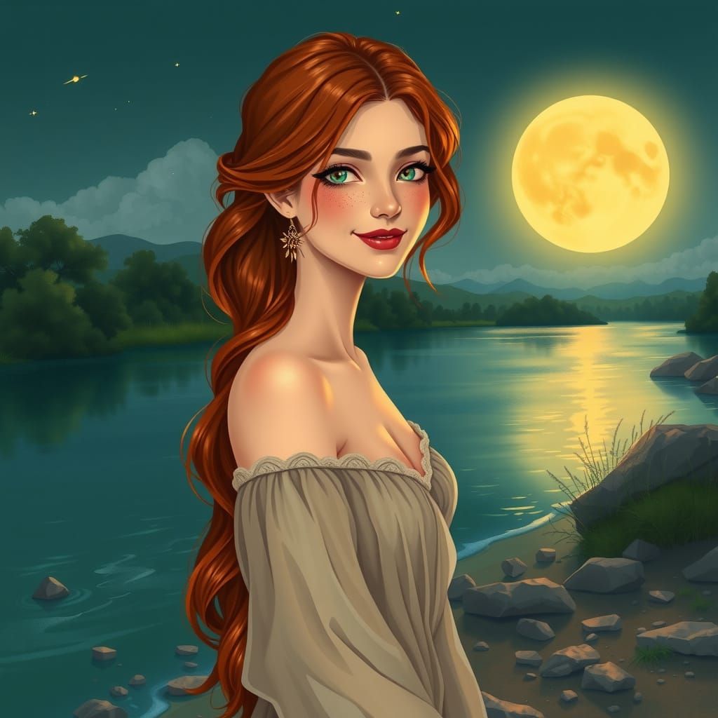 Ethereal Woman by River in Alphonse Mucha Style