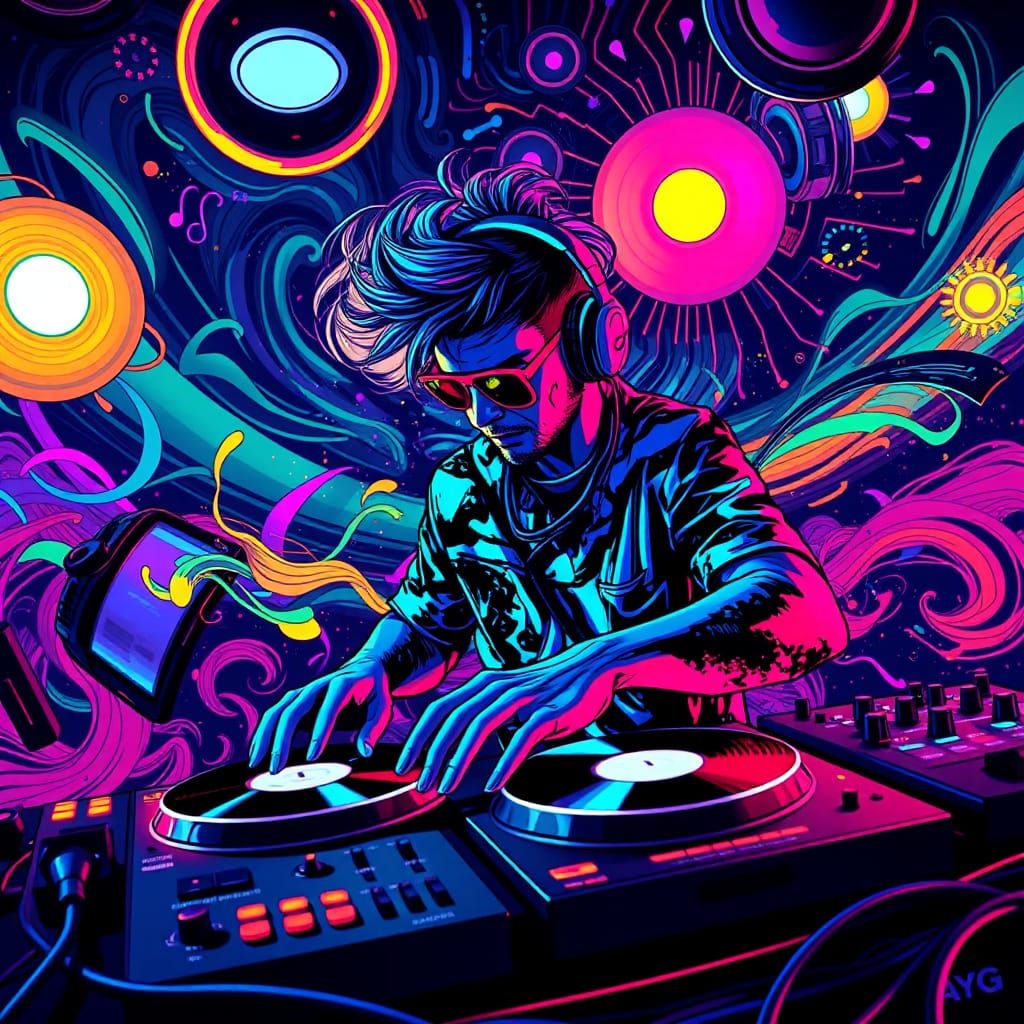 Energetic DJ Surrounded by Neon Lights, Syd Mead Style