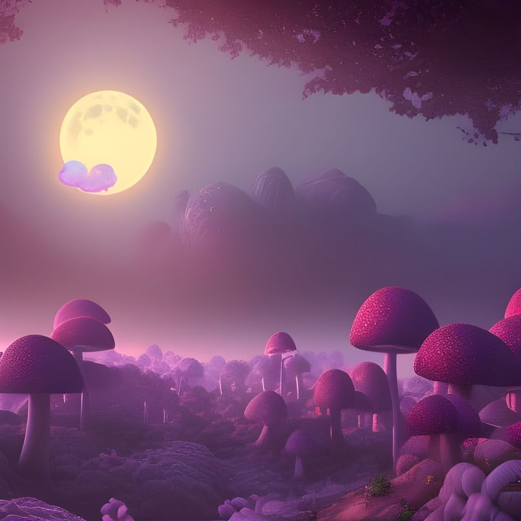 Purple Sunset Over Mushroom Fantasy Landscape