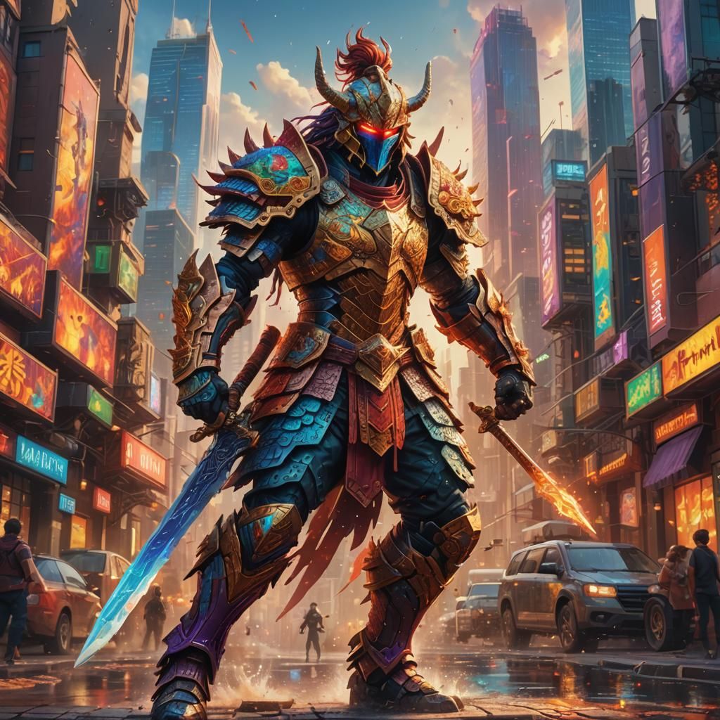 Pixel Art Warrior in Fantasy Cityscape