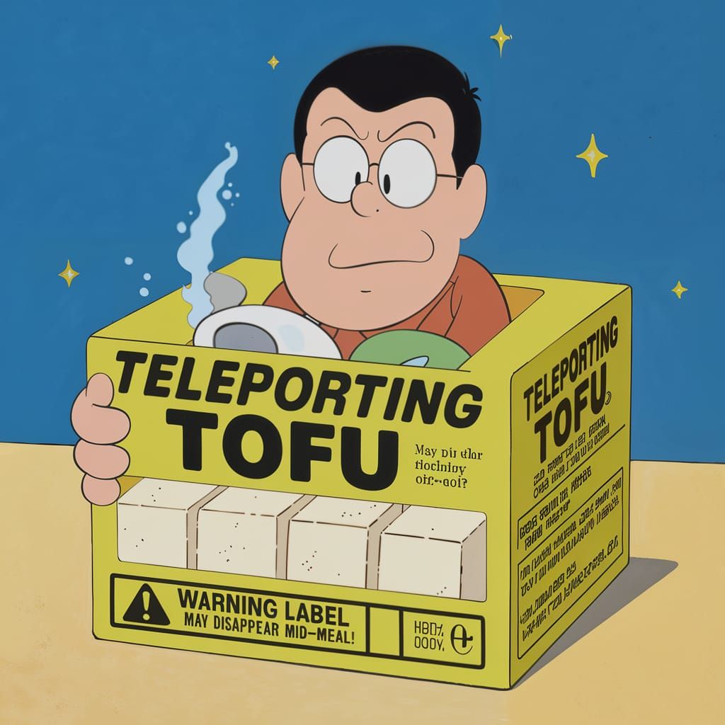 Art by Gary Baseman, quirky box of "Teleporting Tofu," featu...