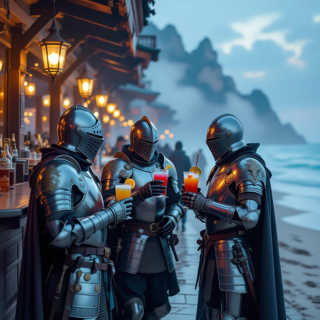 Medieval Knights Relaxing at Beach Bar in Dreamy Style