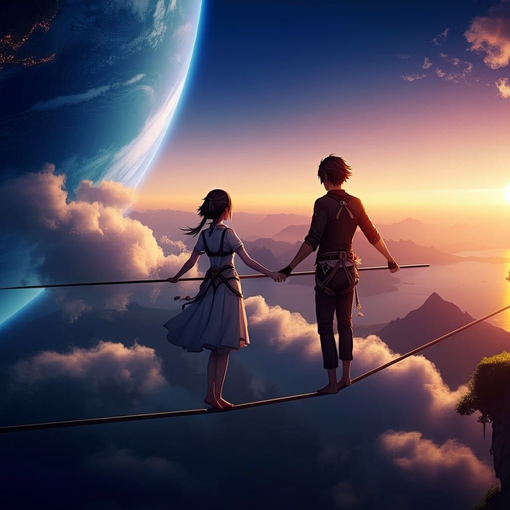 Couple on Tightrope Walk in Anime Style
