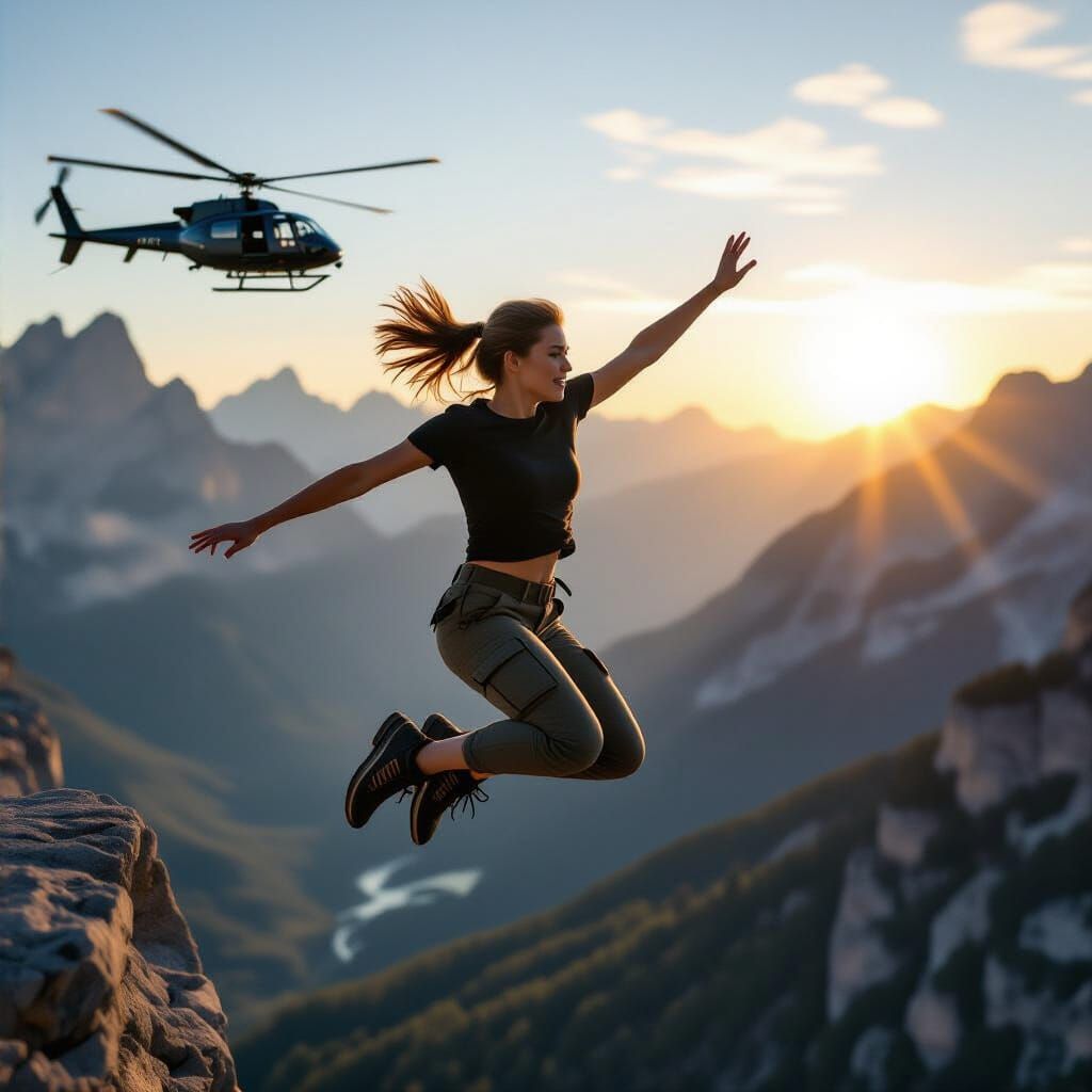Woman Jumps from Cliff in Golden Sunrise, Helicopter in Back...