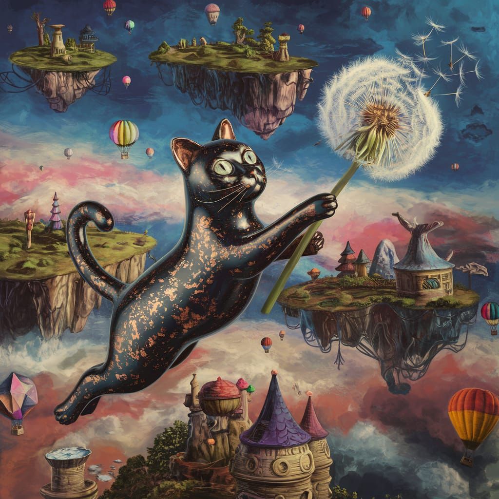 Murano Glass Cat Flies Through Mystical Forest