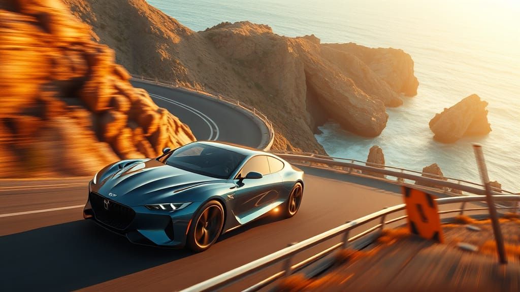 Midnight Blue German Sedan Speeds Down Coastal Highway