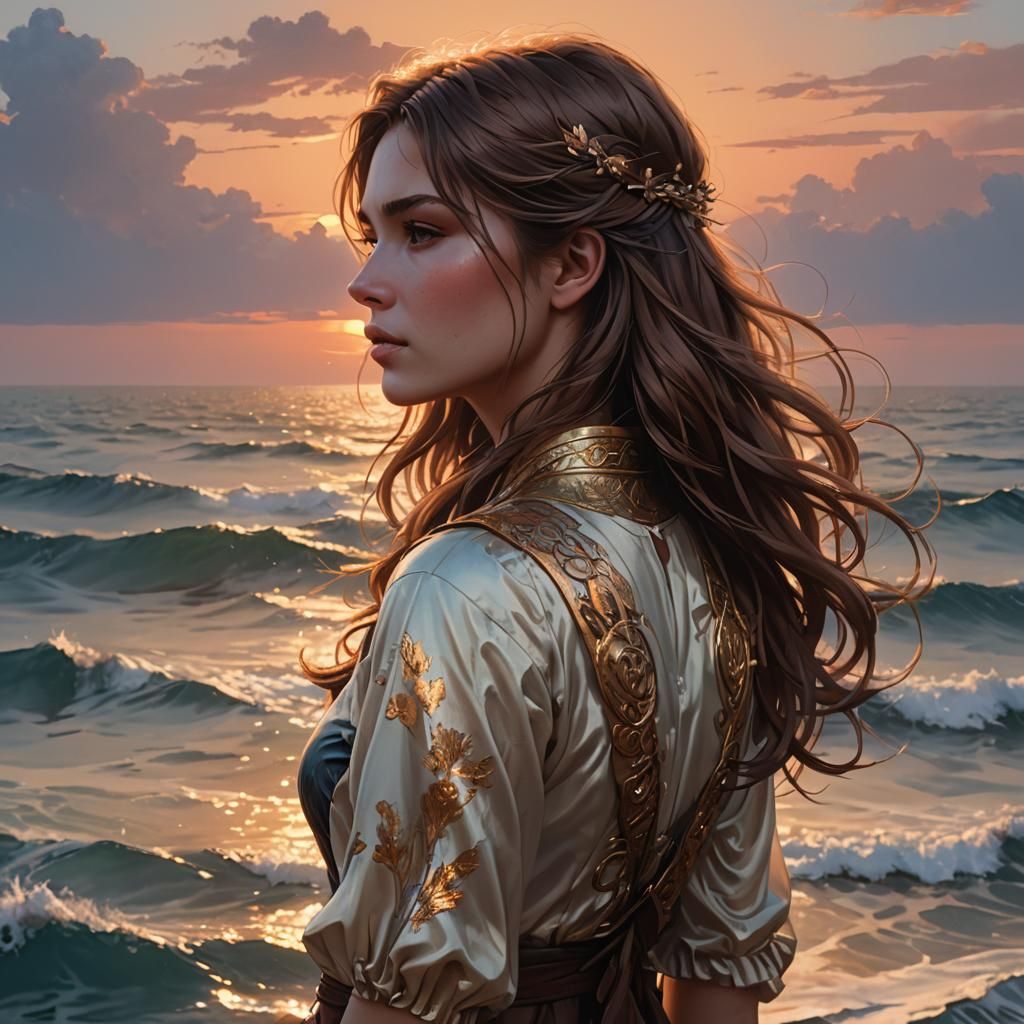 Girl Gazing at Sunset Ocean Horizon: Hyperdetailed Art