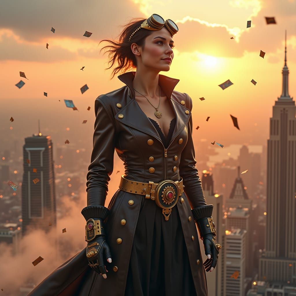 Victorious Woman on Steampunk Skyscraper at Sunrise