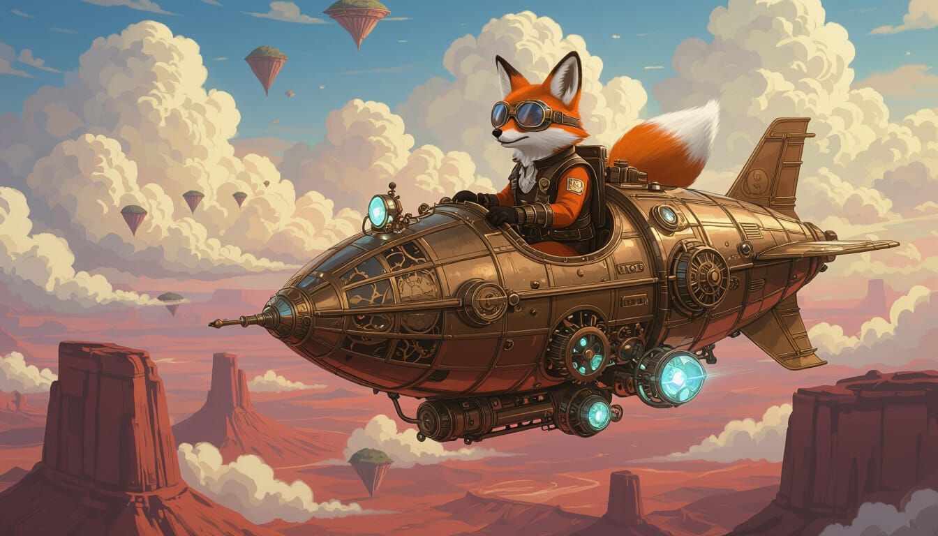 Fox Pilot in Steampunk Airship, Matte Painting Style
