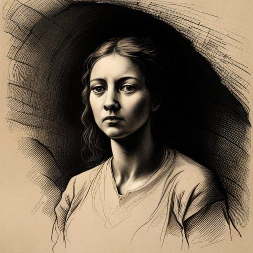 Young Woman's Cave Adventure: Charcoal Sketch