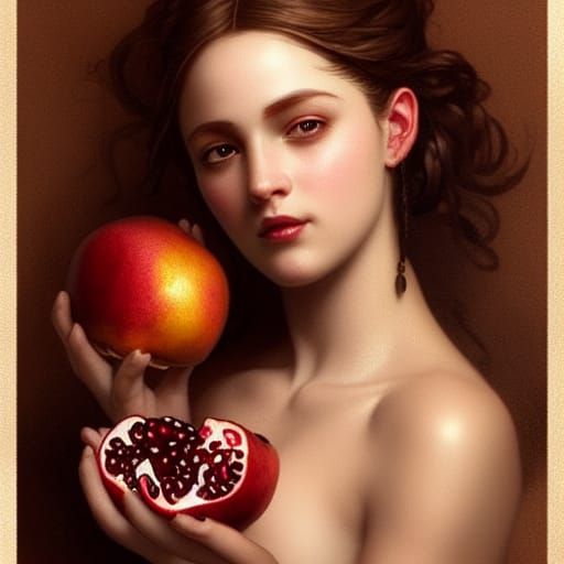 Persephone Portrait with Pomegranate in Art Nouveau Style