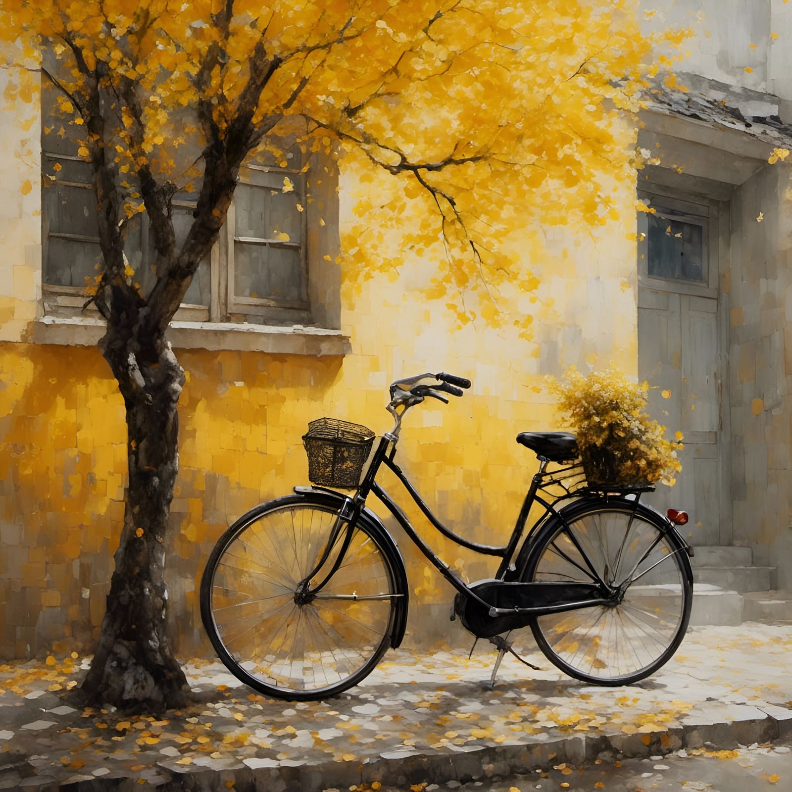 Bicycle and Yellow Tree in Chinese Ink Style