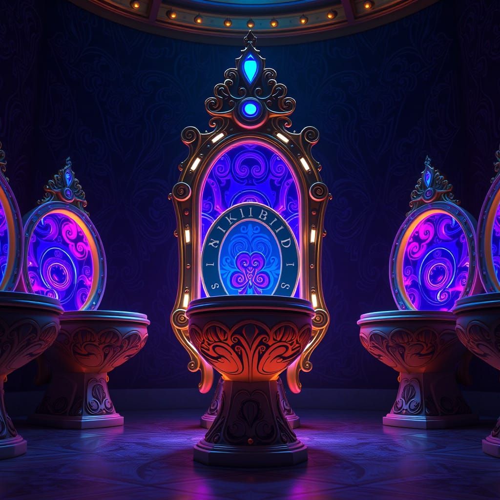 Regal Skibidi Toilets in Luminous Aura, Cyberpunk Style