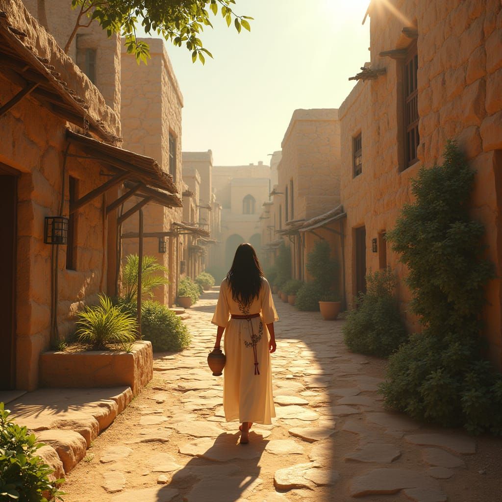 Ancient Israelite Woman Approaches Town Well in Vibrant Midd...