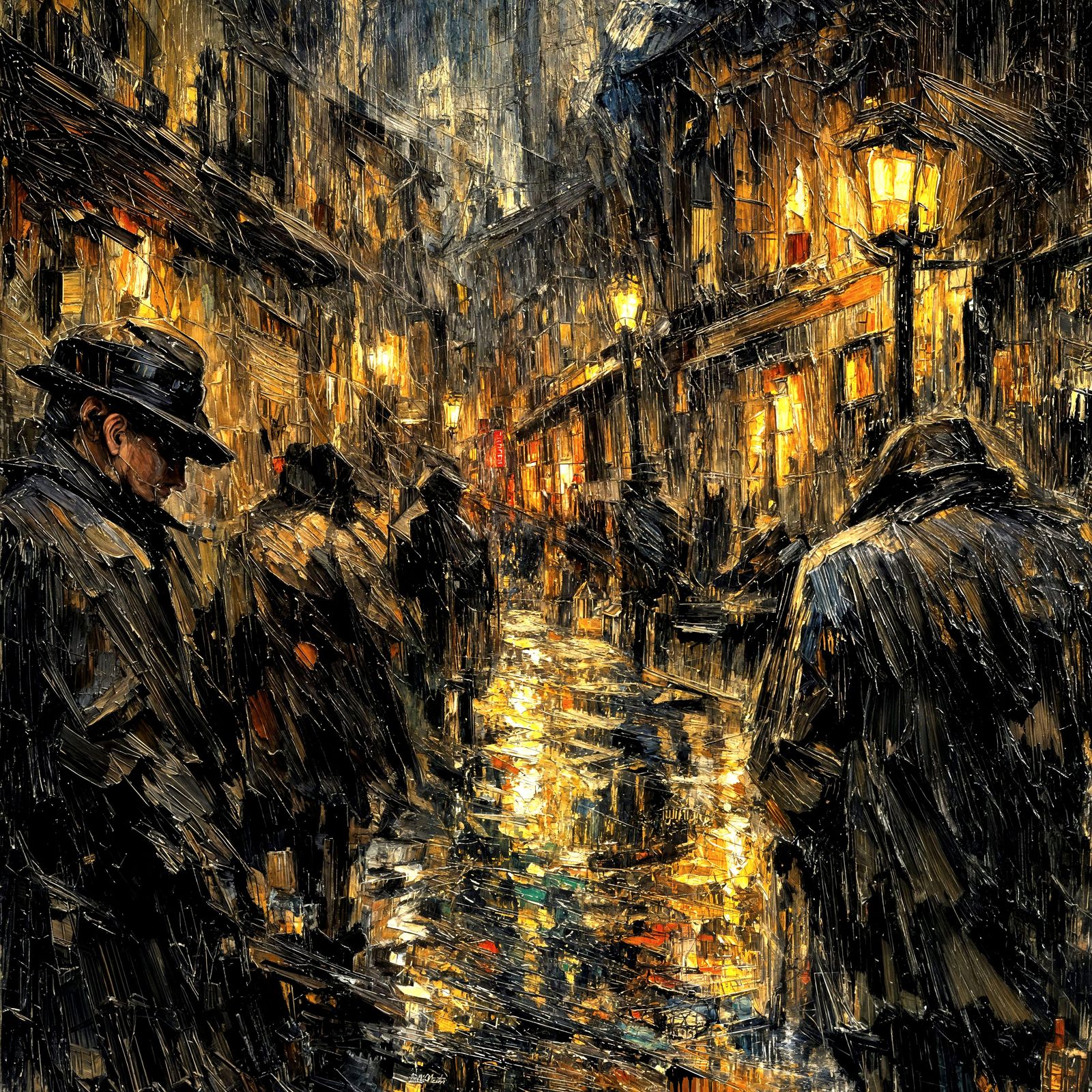 Dark Impressionist Cityscape with Palette Knife Oil Strokes