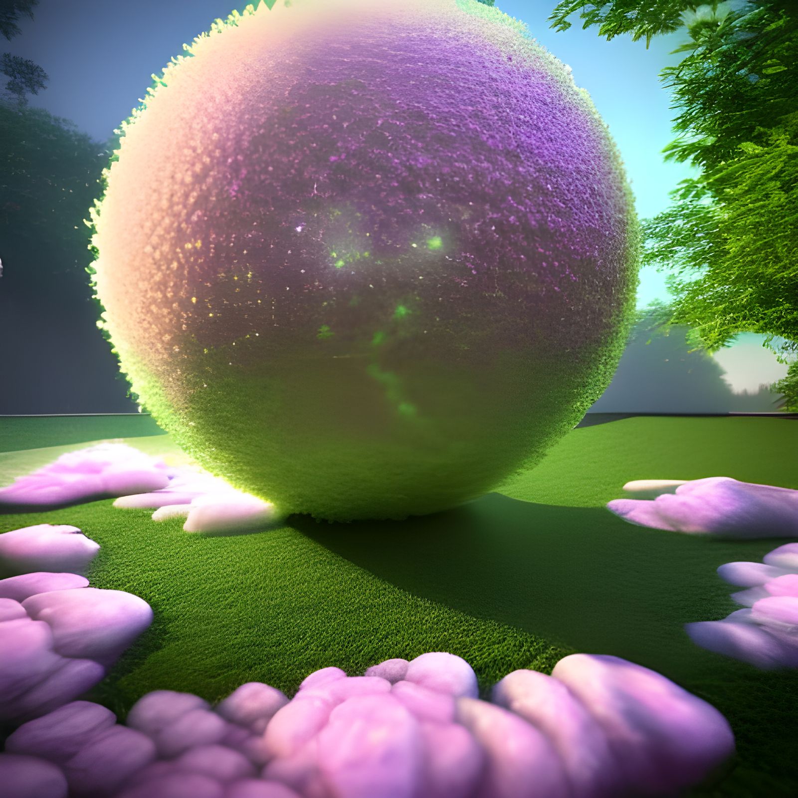 Luminous Crystal Sphere in Hyper-Detailed Garden