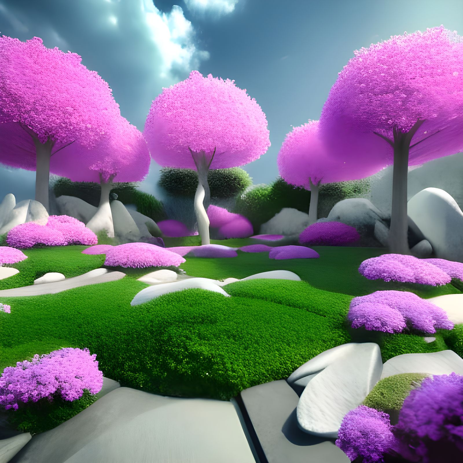 Crystal Sphere Reflecting Emerald Garden, 3D Render