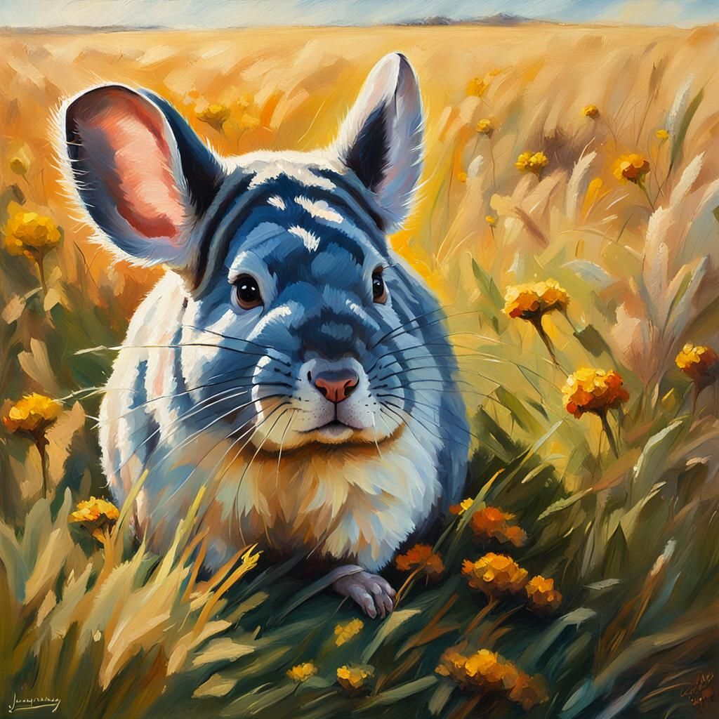 Giant Chinchilla in Meadow: Impressionist Oil Painting
