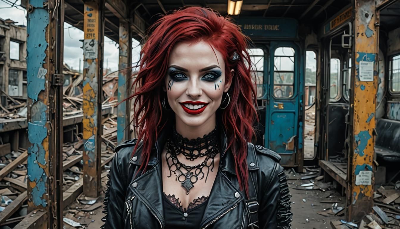 Gothic Punk Woman in Post-Apocalyptic Ruins