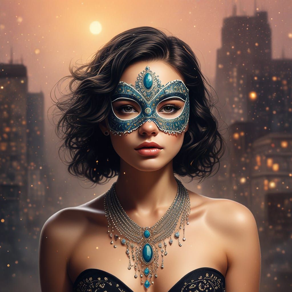 Masked Woman in Dust Storm: Watercolor Art Deco