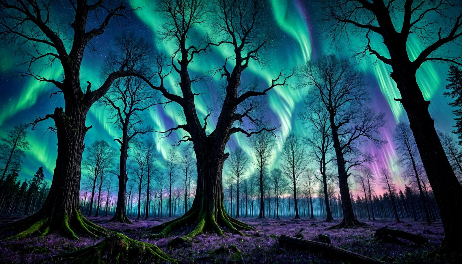 Mystical Forest Aurora with Gothic Architecture in Surreal S...