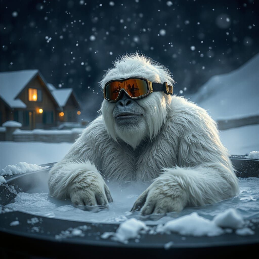 Yeti Relaxing in Hot Tub at Ski Resort