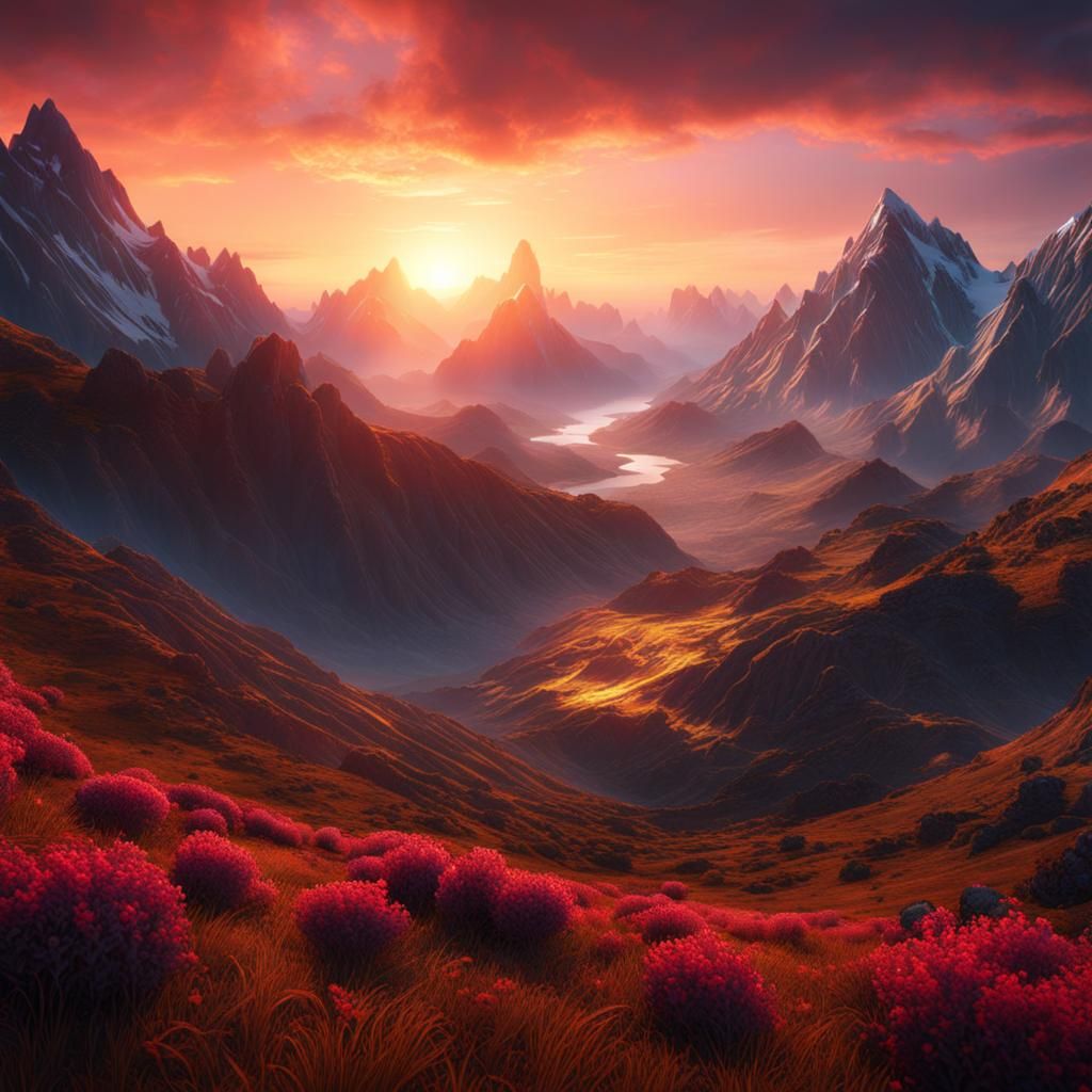 Spectacular Sunrise Over Mountains in Fantasy Art Style