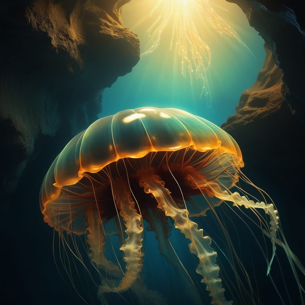 Bioluminescent Jellyfish in Deep-Sea Cave, Surreal Pop Art