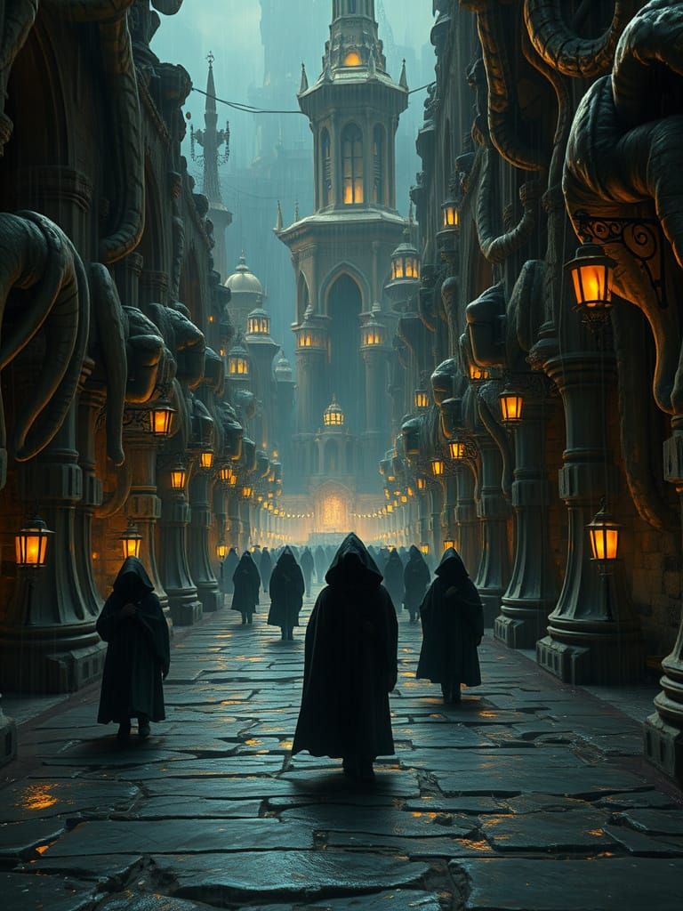 Lost Bone City with Faceless Figures in Moody Atmosphere