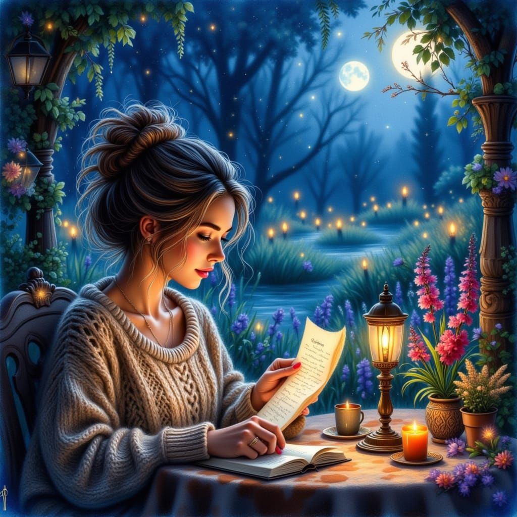 Woman Reading Letter in Enchanting Moonlit Garden