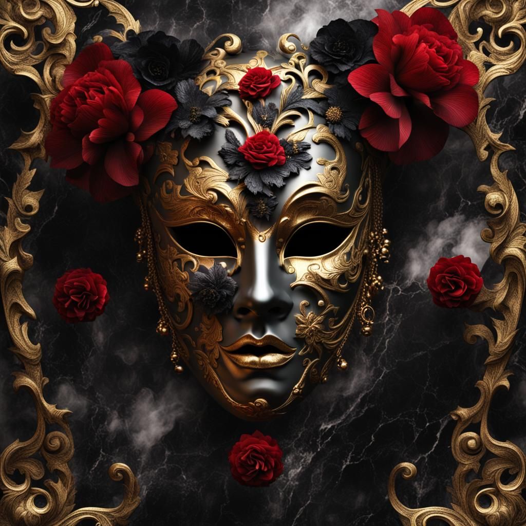 Creepy Detailed Venice Mask with Gold and Flowers