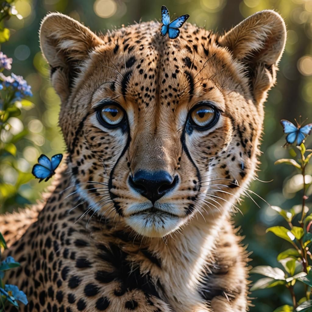 Cheetah with Butterfly in Enchanted Garden, Detailed Close-u...