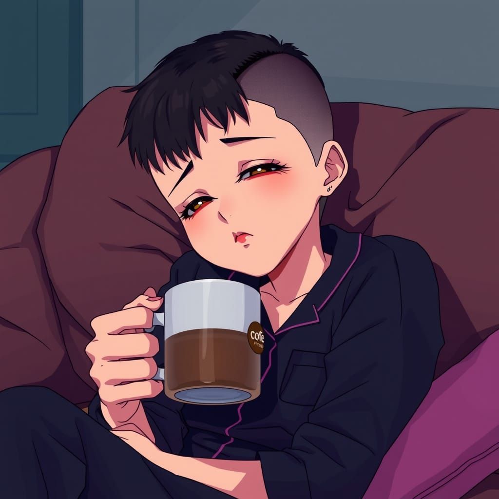 Exhausted Woman with Dripping Coffee: Manga Scan Style