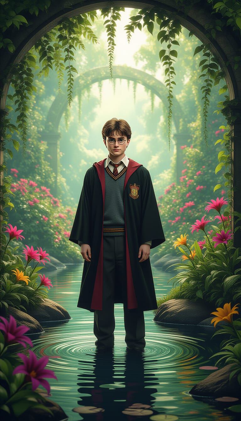 Harry Potter in Lush Sanctuary Garden, Hyperrealistic Style