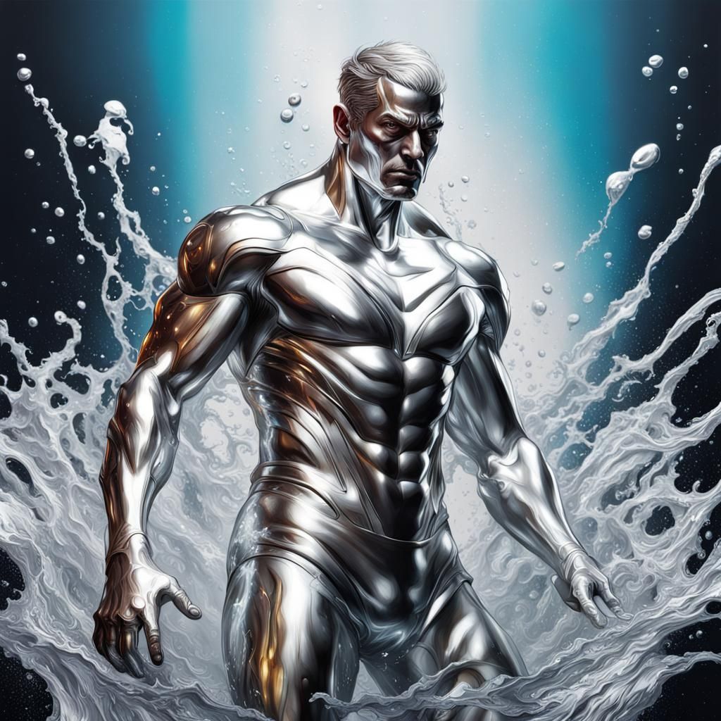 Hyperrealistic Liquid Silver Man in Splash Art