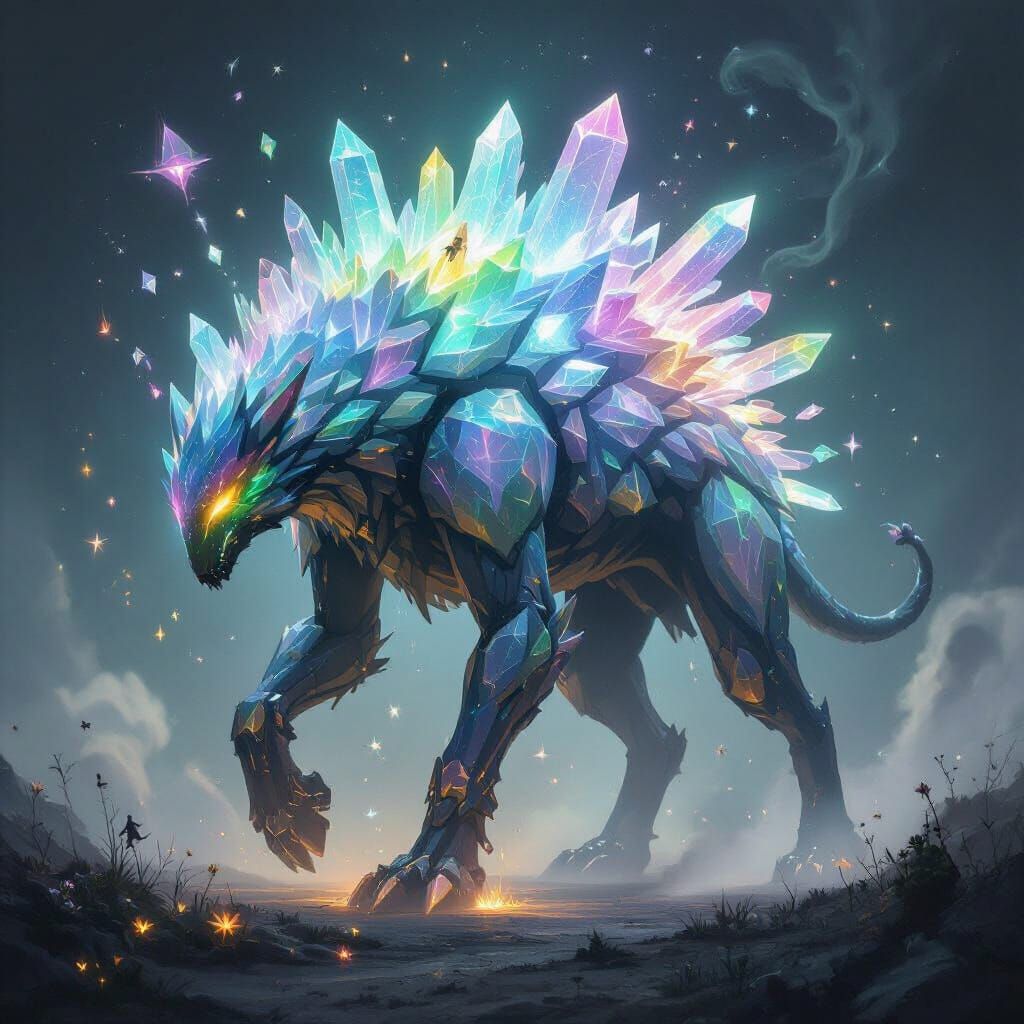 Crystal Creature with Orbiting Shards and Aurora Effects