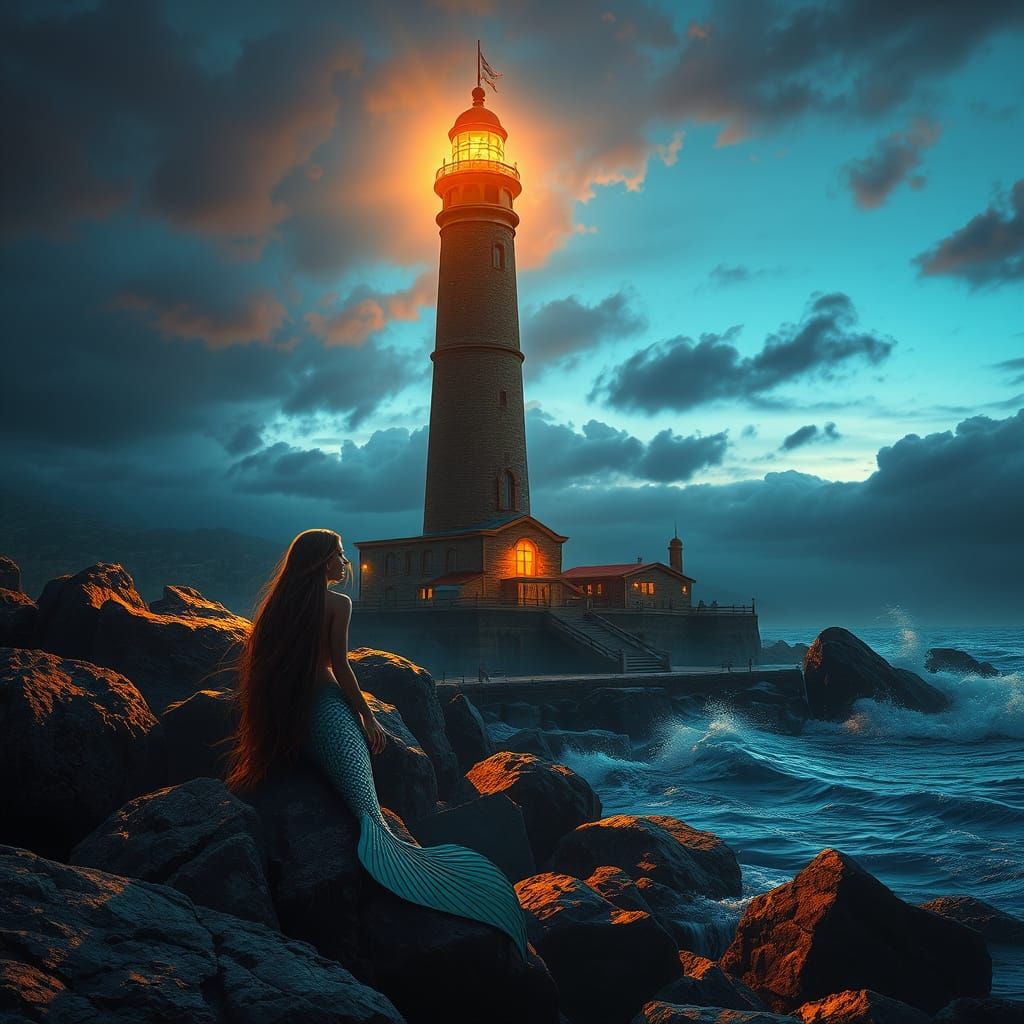 Dramatic Coastal Scene with Mermaid and Lighthouse