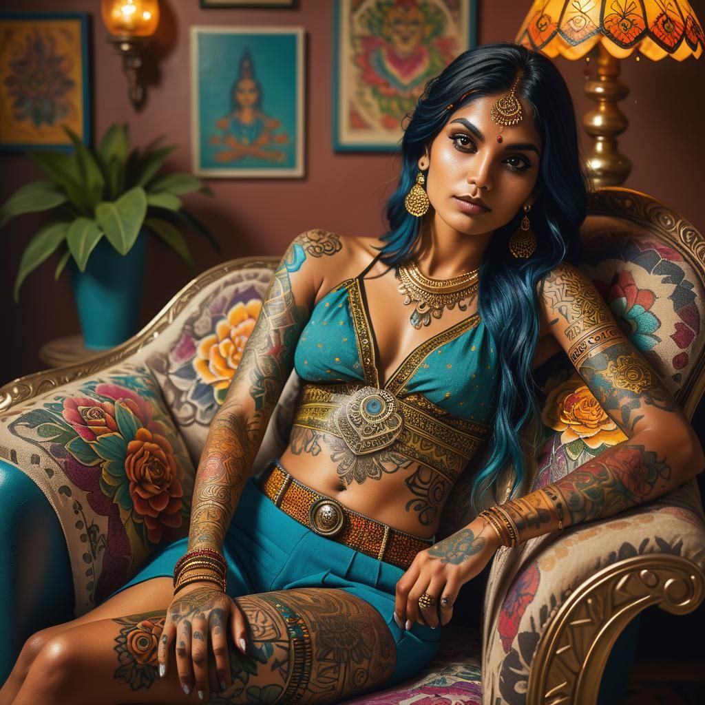 Tattooed Indian Woman in Boho Style, Golden Light