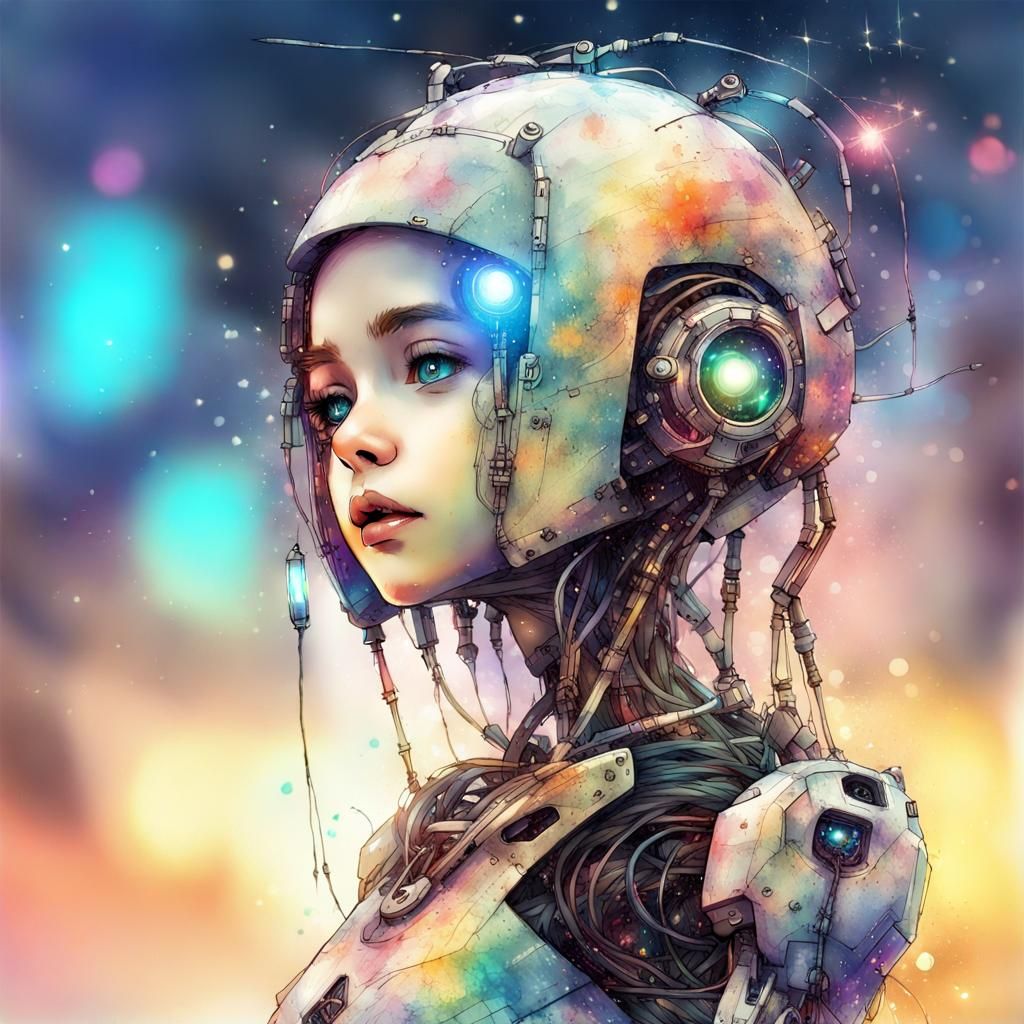 Cute Futuristic Robot in Digital Watercolor