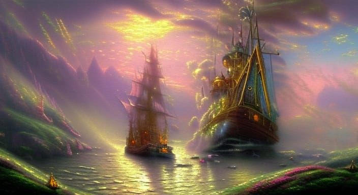 Iridescent Pirate Ship in Ethereal Fantasy Style