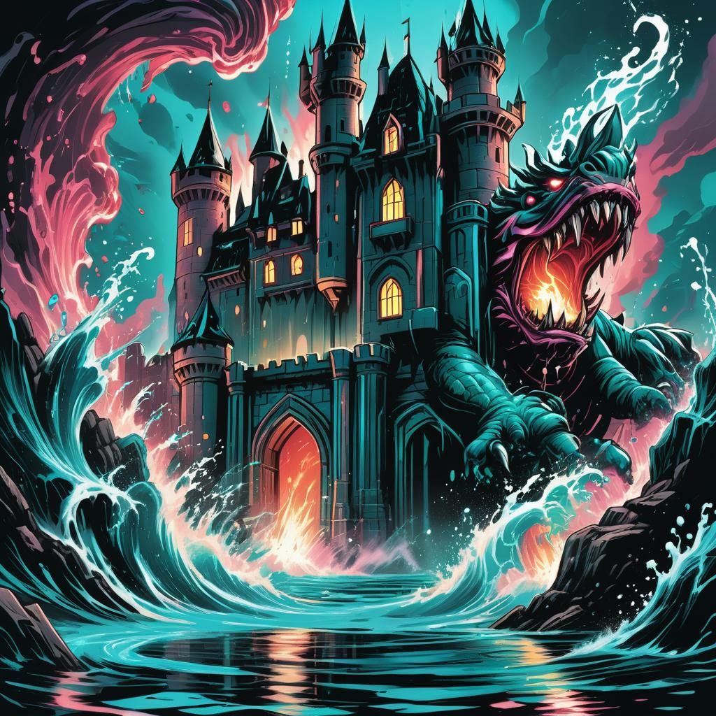 Teal and Rose Castle Under Attack: Comic Book Art