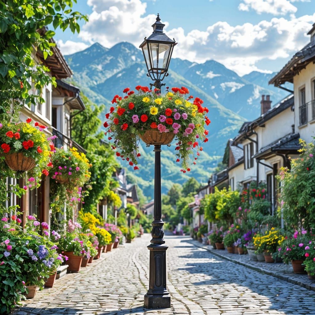 Victorian Lamppost with Flowers on Cobblestone Street