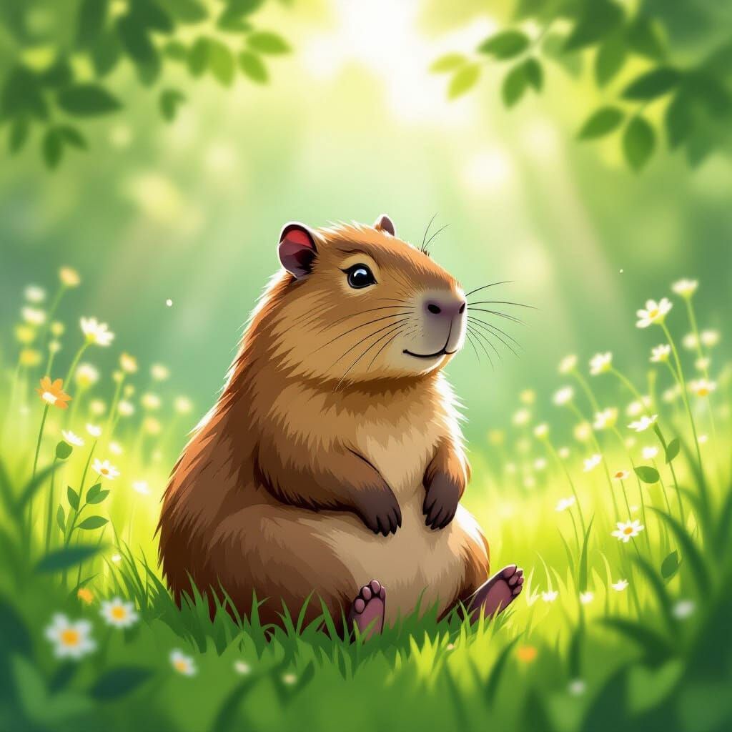 Adorable Capybara in Lush Meadow, Illustrative Style