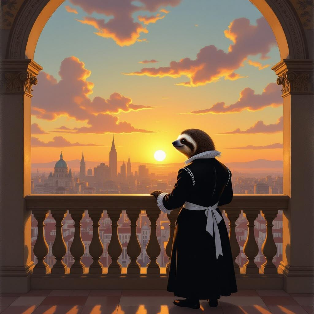 Whimsical Sloth Servant Overlooking Sunset Cityscape