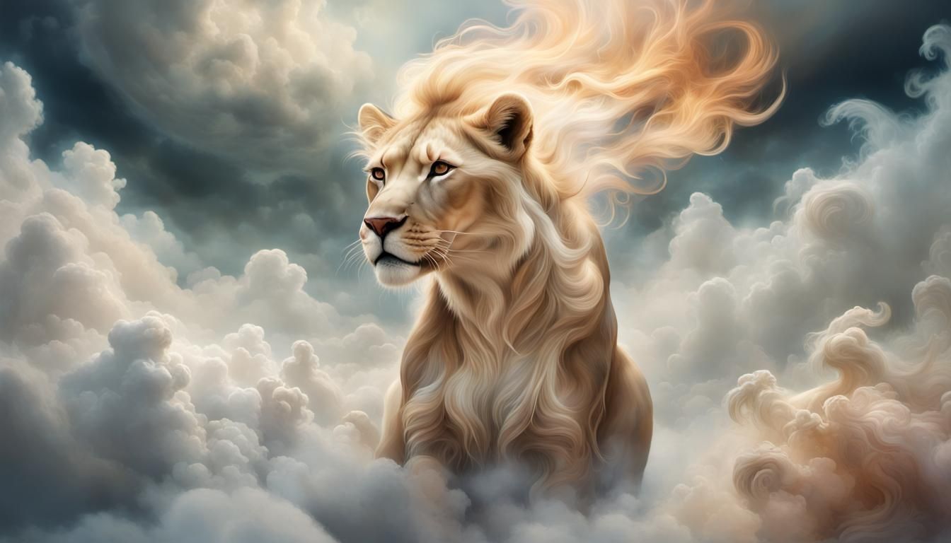 Smoky Lioness in Dreamlike Ethereal Sky