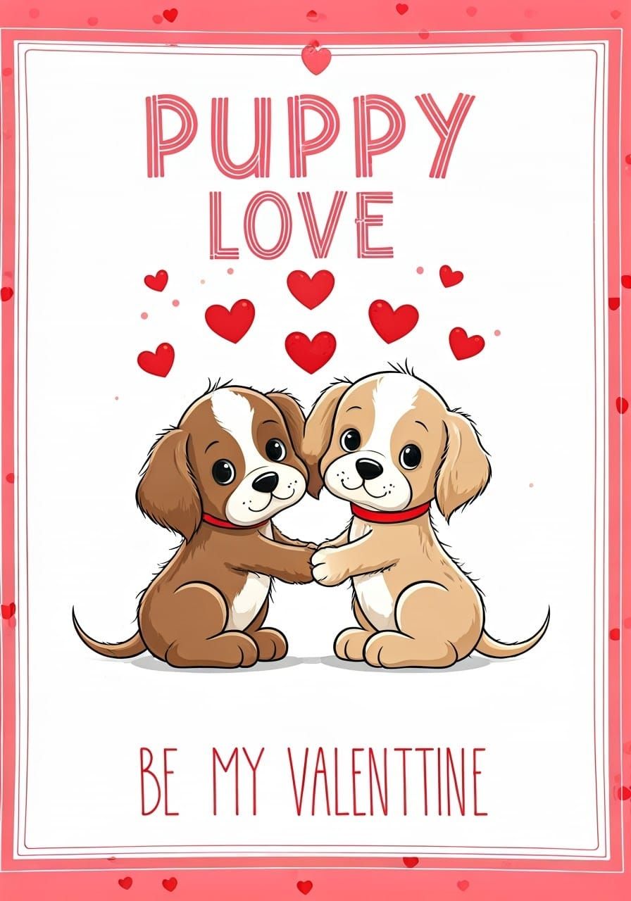 Cute Cartoon Puppies Share Valentine's Day Love