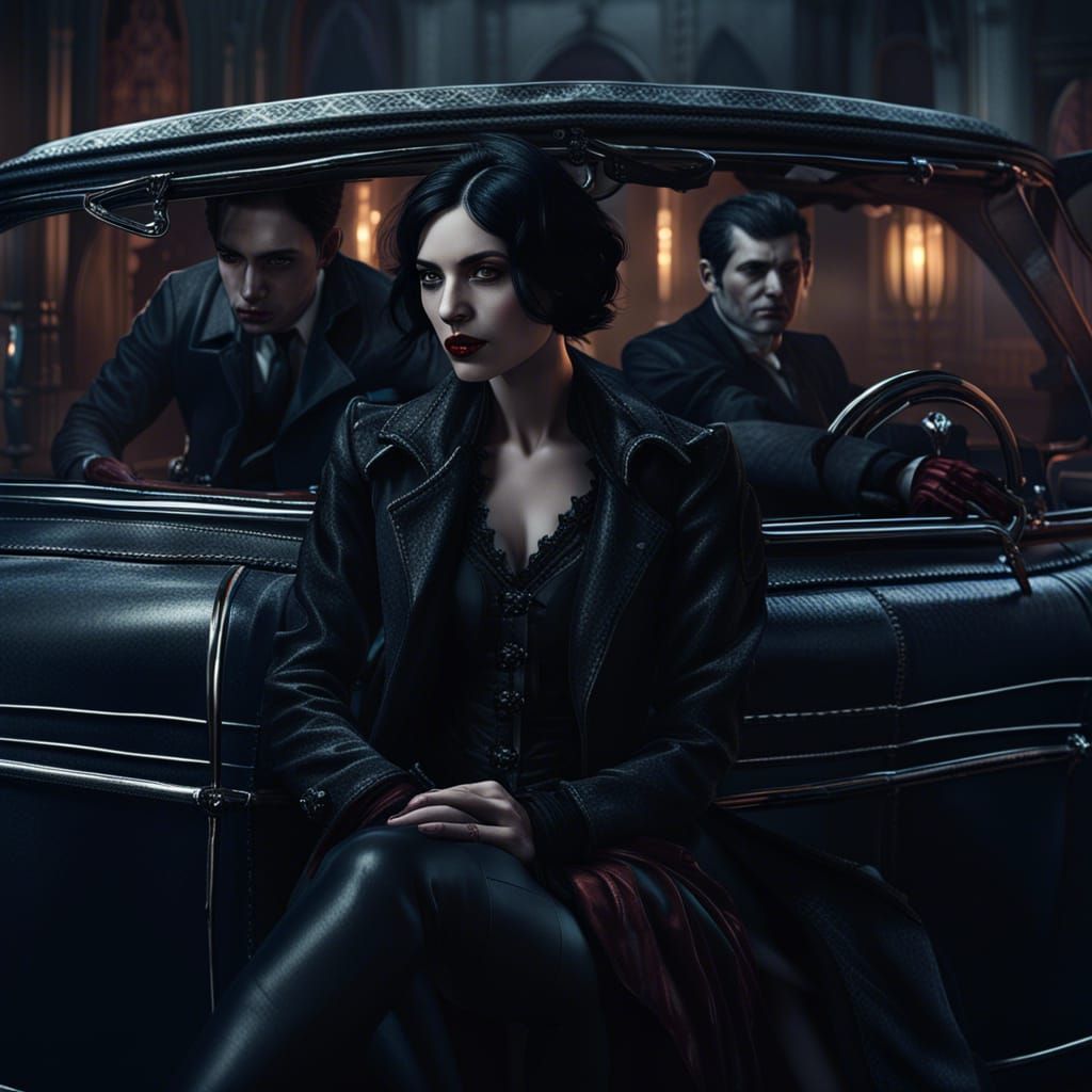 Gothic Vampire Noir: Girl and Brothers in Vintage Car